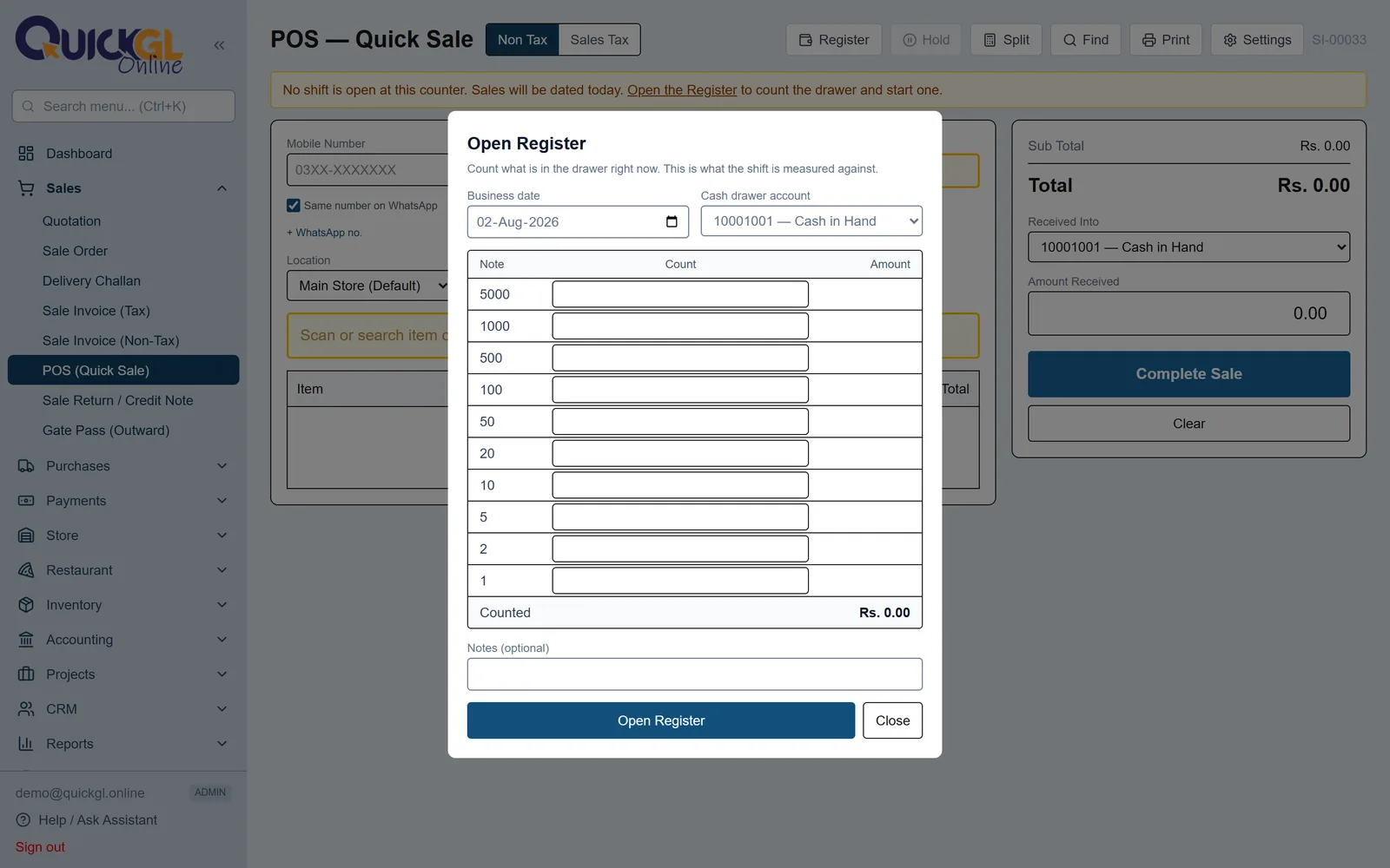 Register — cash drawer