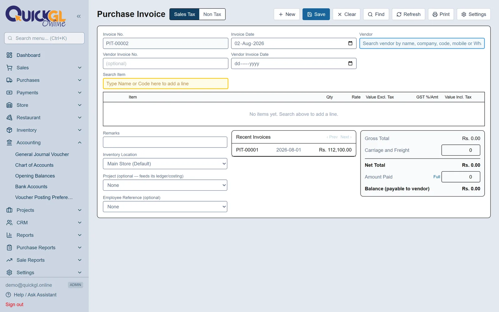 Purchase Invoice — maal kharidna